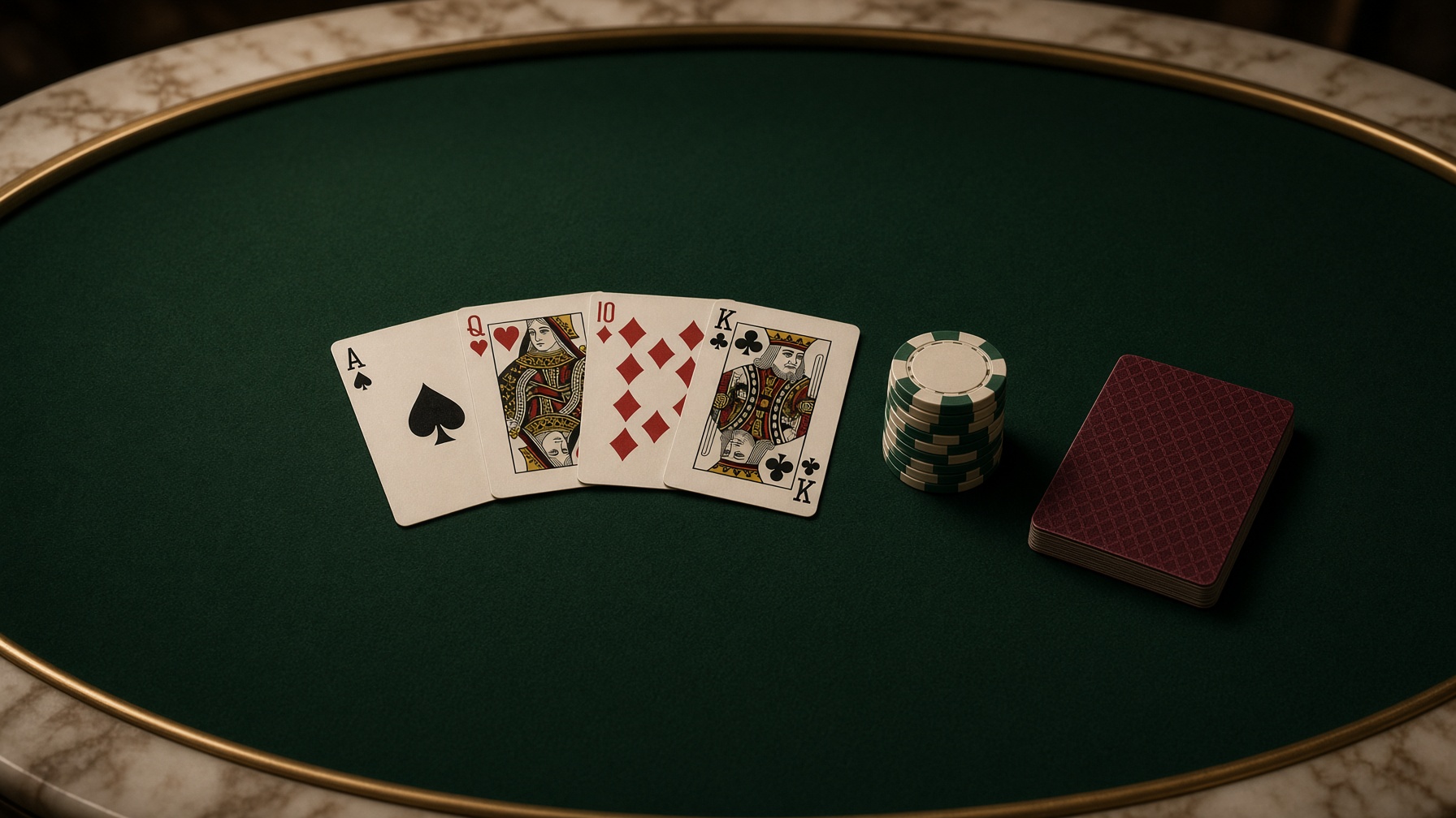 A quiet poker table, cards fanned across deep green felt